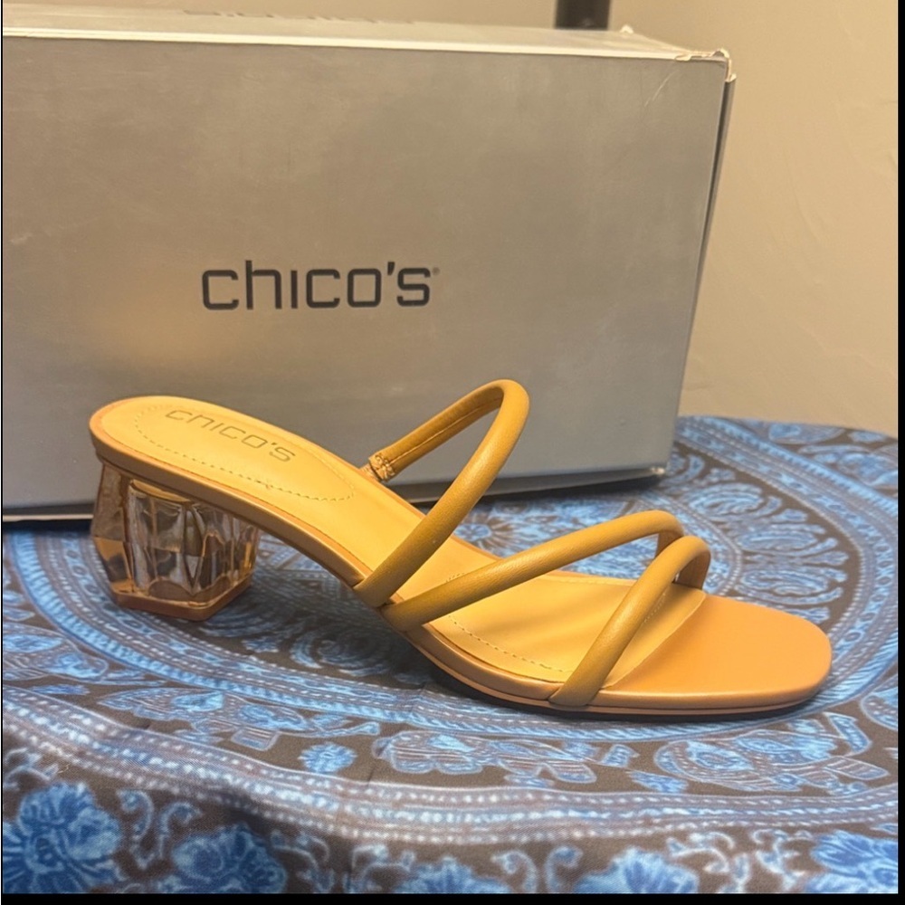 Chico's Tan Leather Marina Round Lucite Strappy Sandal with Sculpted Heel